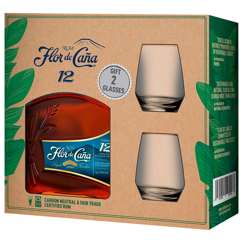 Flor de Caña 12 Year Old Rum 40% v dárkovém balení se 2 sklenkami